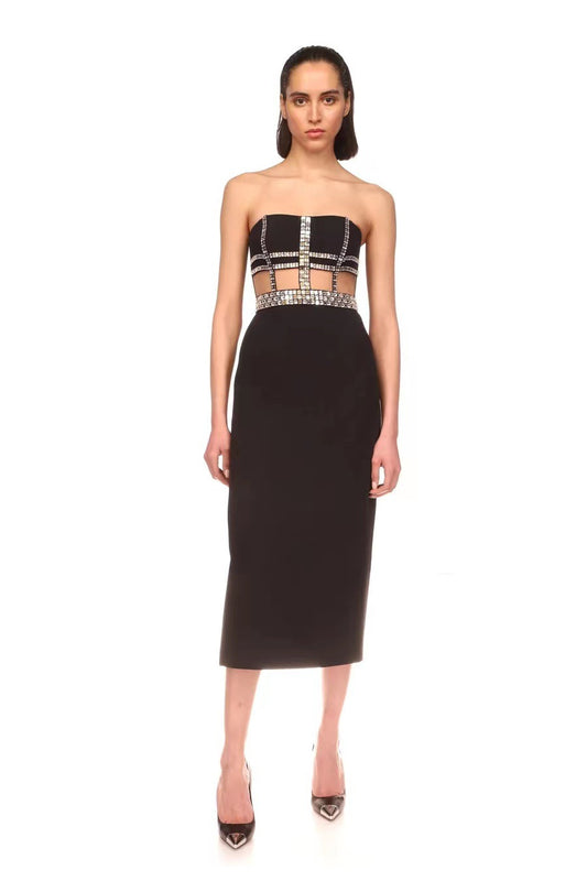 Black Crystal Embellished Cut-Out Midi Dress – Elegant & Sexy Evening Look