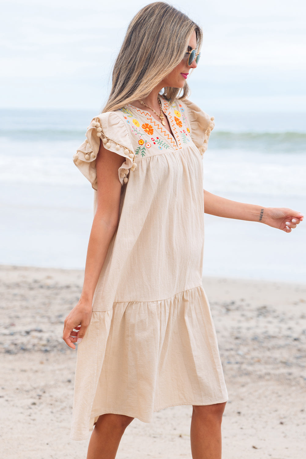 Jet Stream Linen Embroidery Pom Pom Short Dress