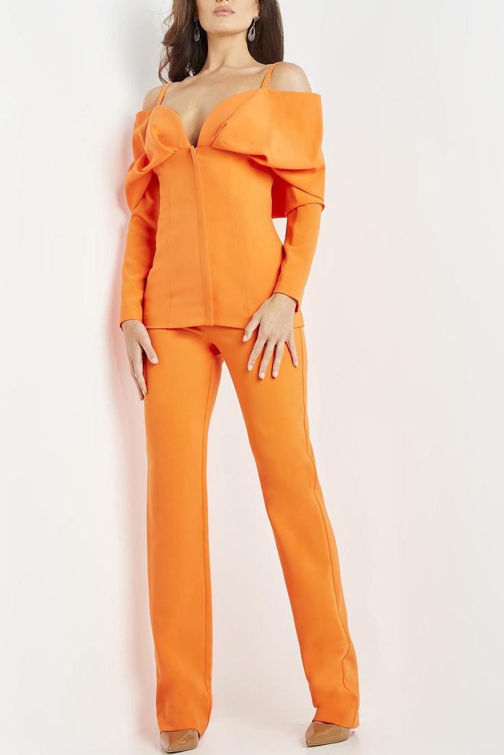 Jovani Cold Shoulder Long Sleeve Solid Scuba Crepe Evening Pantsuit