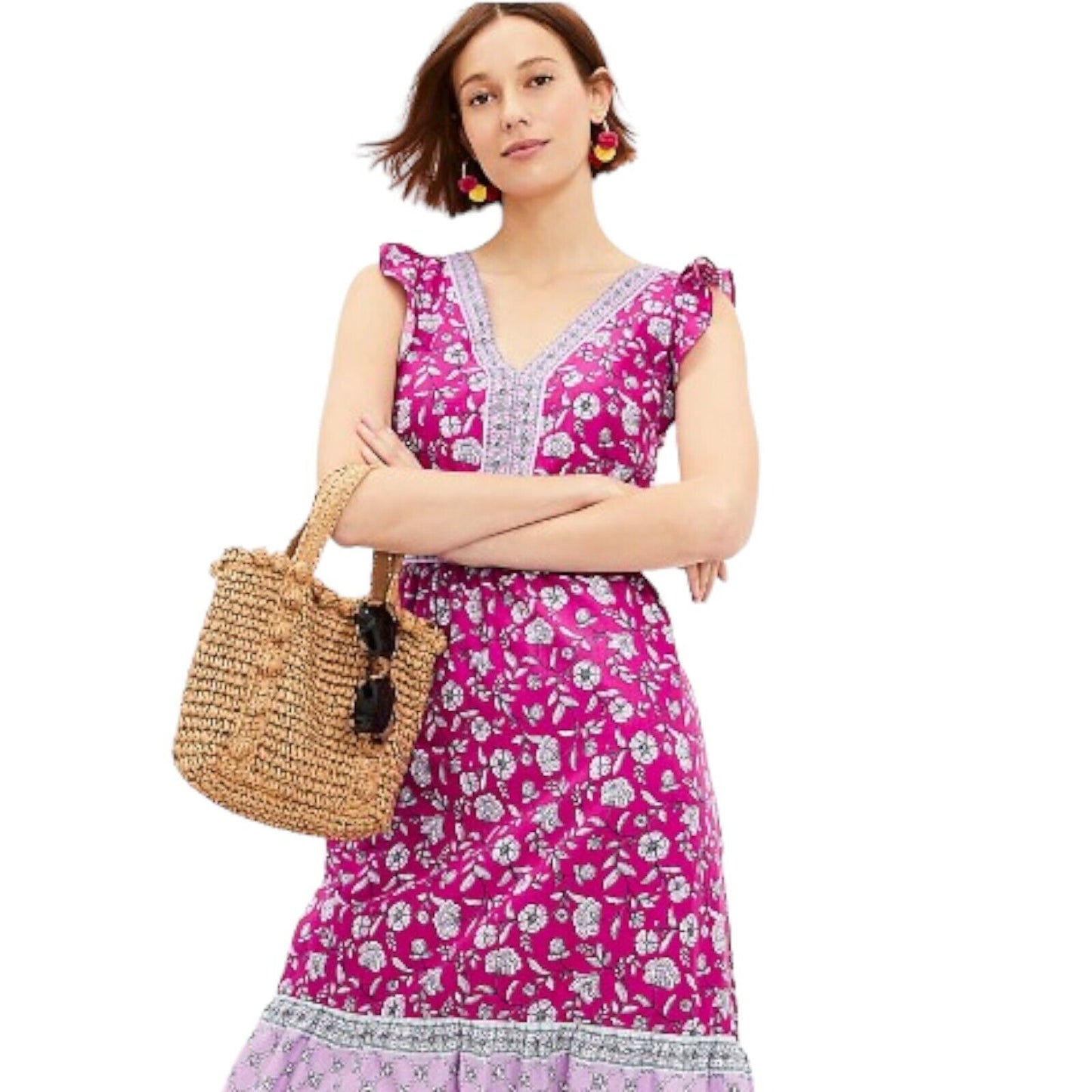 LOFT Women's Border Ruffle Floral V-Neck Sleeveless Midi Dress Size 10