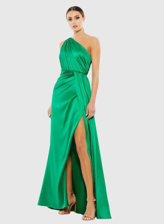 Ieena Mac Duggal Emerald Green One-Shoulder Ruched Satin Gown