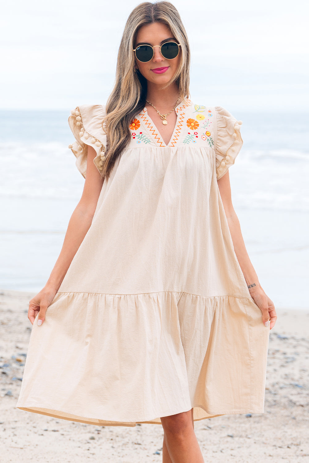 Jet Stream Linen Embroidery Pom Pom Short Dress