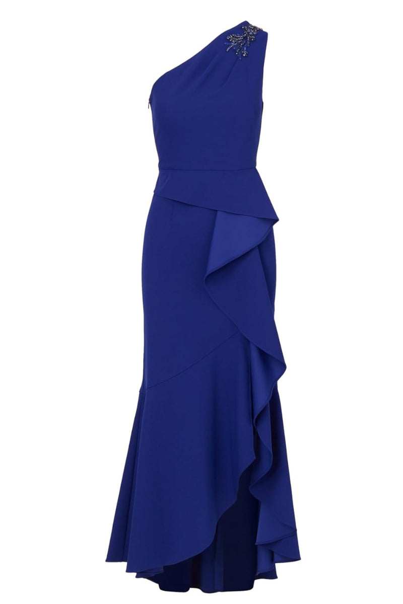 Adrianna Papell Beaded One-Shoulder Sleeveless Side Zipper Closure Ruffles Draped Details Dress