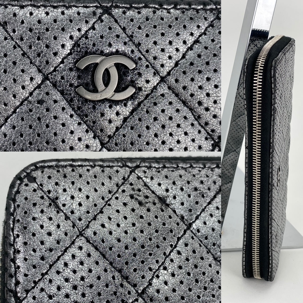 Chanel Perforated Silver Metallic Lambskin Quilted Zip Around Wallet Clutch