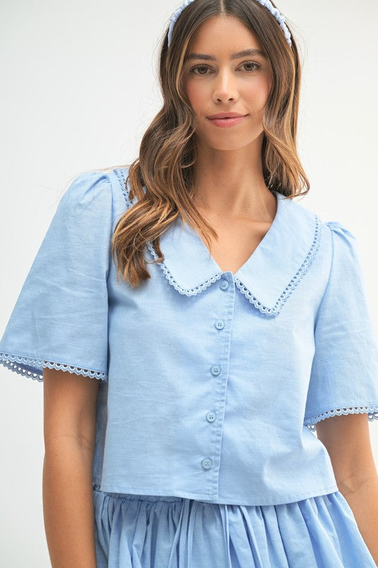 MABLE Collared Button Down Crop Top and Skort Set