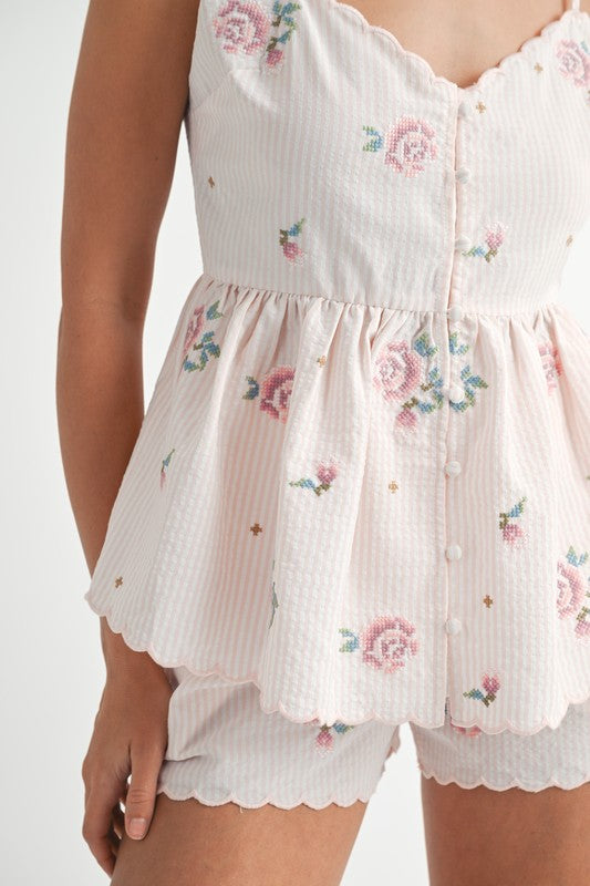 MABLE Stripe Embroidered Peplum Cami and Shorts Set