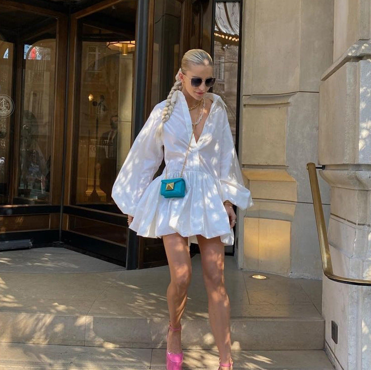 Pleated Dress Collared Puff Sleeve Shirt Dress