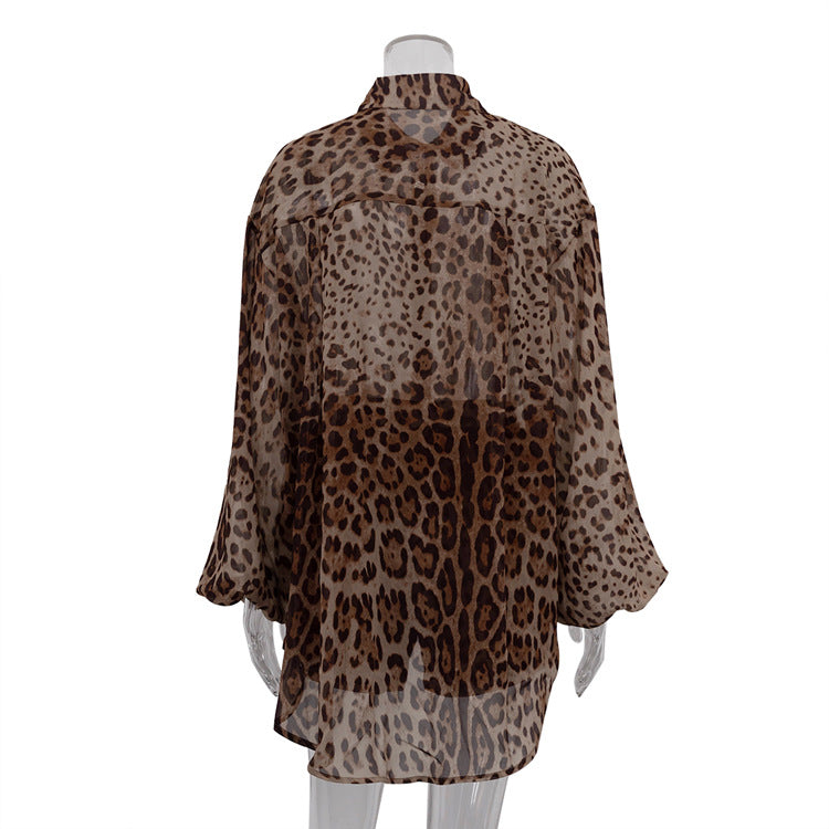 Leopard Print Loose Shirt Shorts Two Piece Set