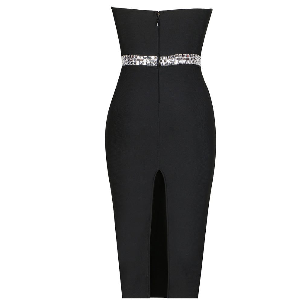 Black Crystal Embellished Cut-Out Midi Dress – Elegant & Sexy Evening Look