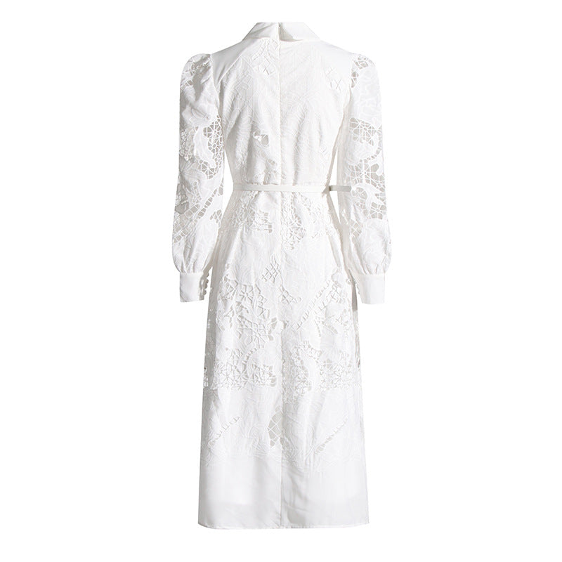 Retro Autumn Mid Length with Embroidery Hollow Out Cutout Dress