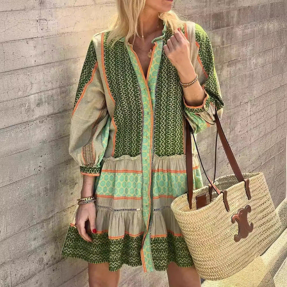 Spring Autumn Print Positioning Cotton Linen Dress Women