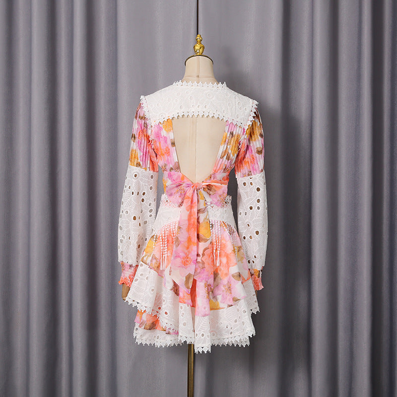 Bohemian Floral Vacation Lace Stitching Fall Shirt Skirt Two Piece Sets