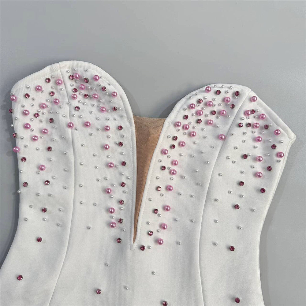 Tube Top Beads Rhinestones Bandage One Piece Dress Pink Feather Ladies Party Cocktail Evening Dress