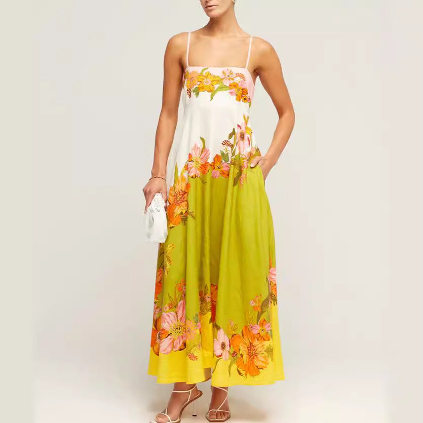 Sling Cotton Linen Printing Positioning Large Swing Dress