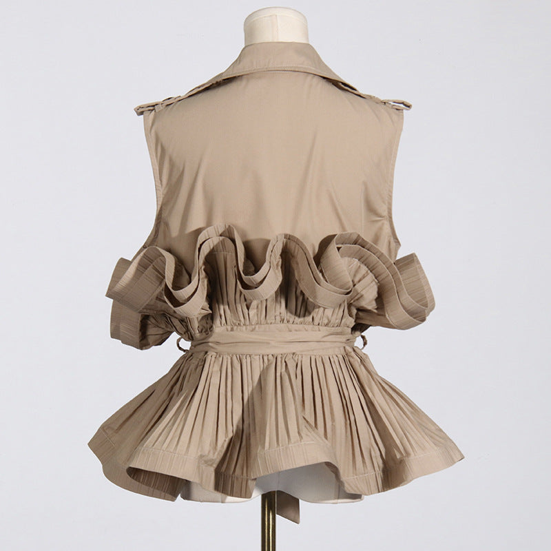 Khaki Lapel Collar Ruffle Top
