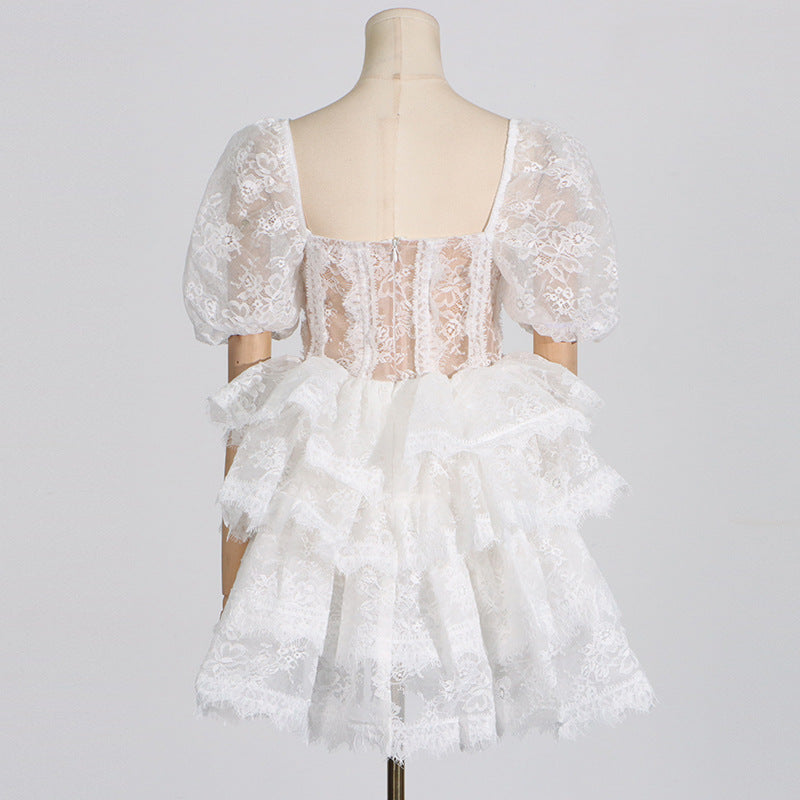 Handmade Lace Sweetheart Neck Puff-Sleeve High-Waist Mini Dress – Romantic Party Look