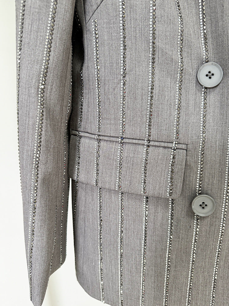 Embroidery Drilling Double Breasted Pant Two Piece Set