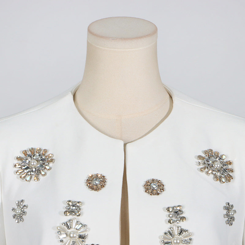 Classy white crystal blazer set slim fit top flare pants set