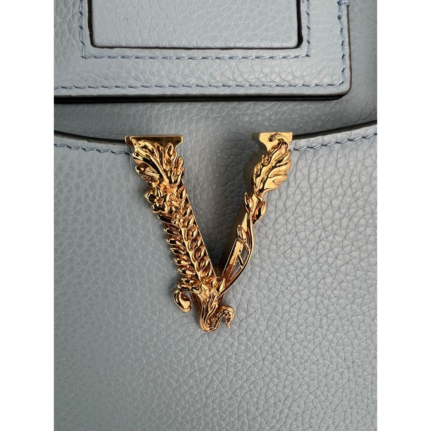 Versace Virtus Top Handle Grained Calfskin Light Blue Tote