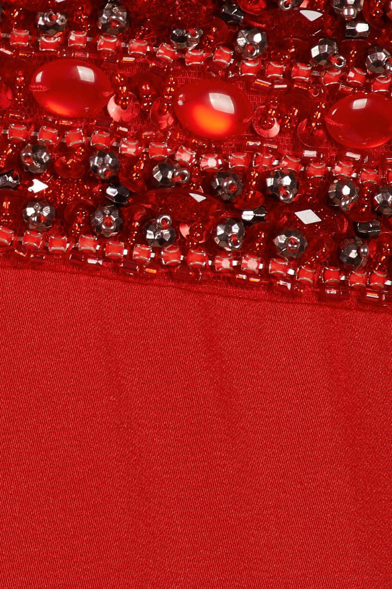 Dave & Johnny Embellished Halter Neck Slit Front Embellished Waist Zipper Back Cutout Back Satin Dress