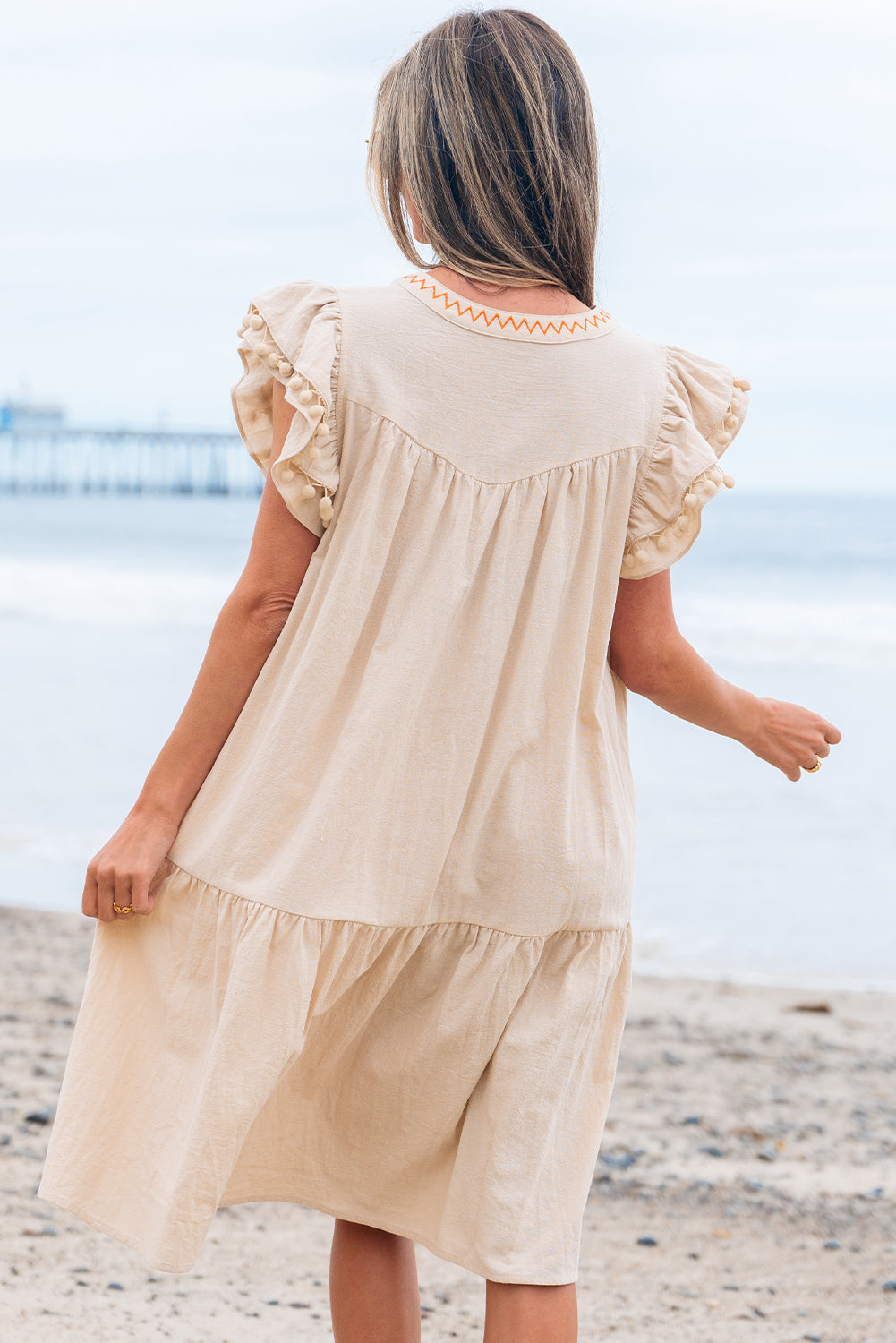 Jet Stream Linen Embroidery Pom Pom Short Dress