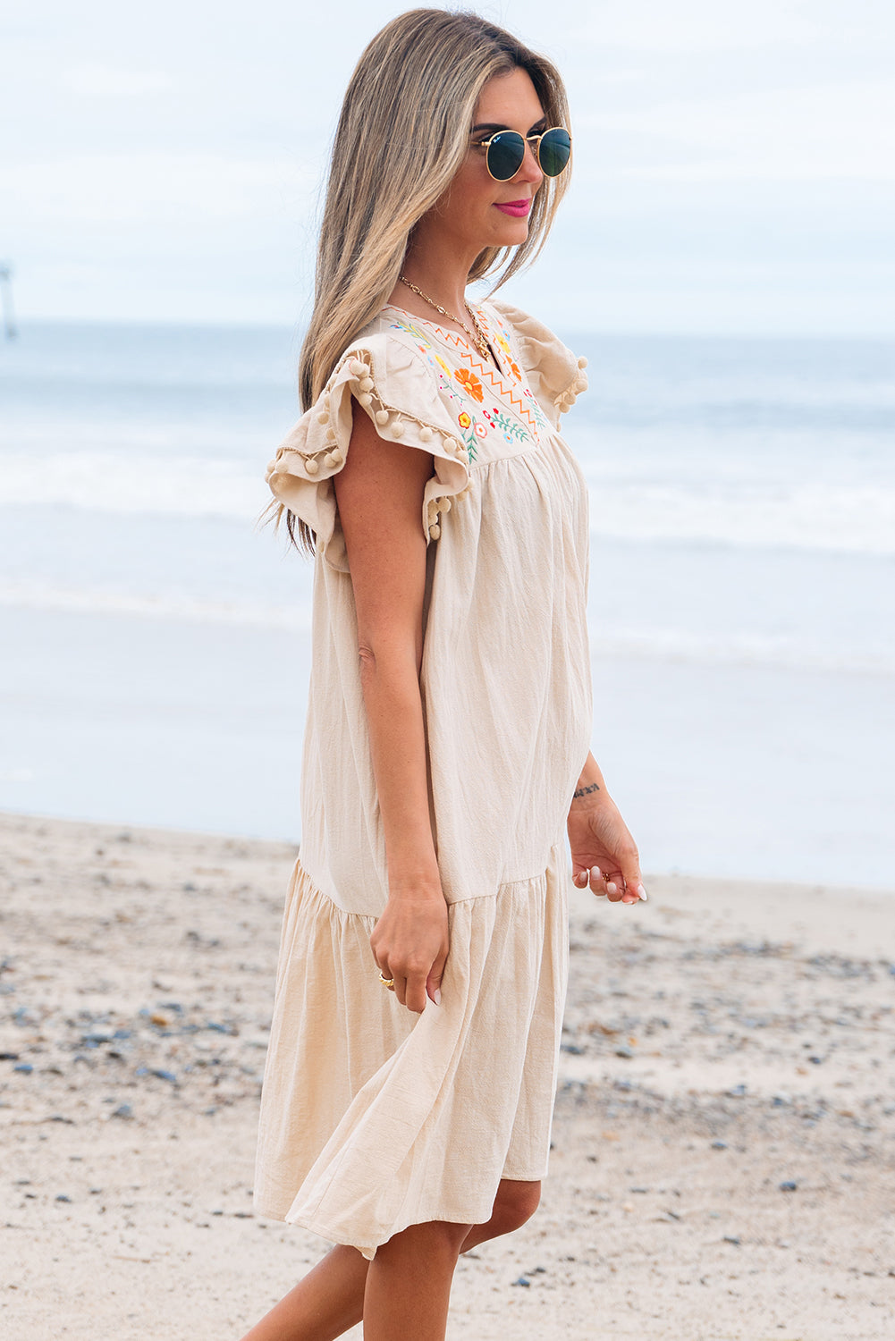 Jet Stream Linen Embroidery Pom Pom Short Dress