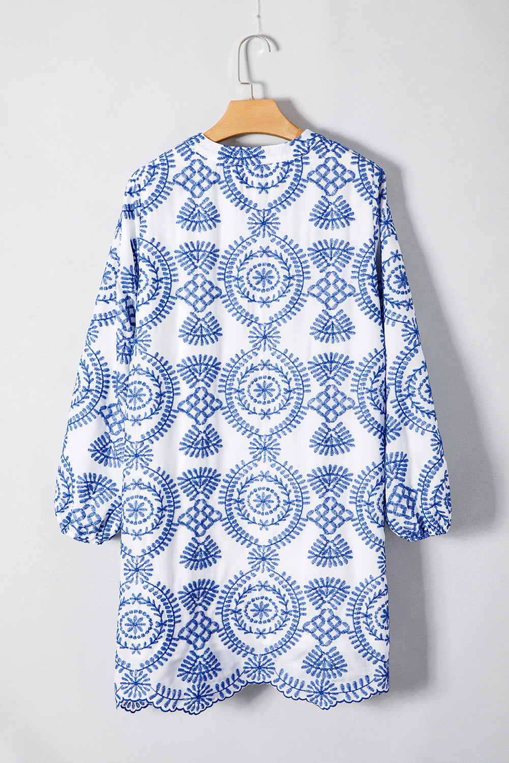 Blue Boho Floral Embroidered Shift Mini Dress