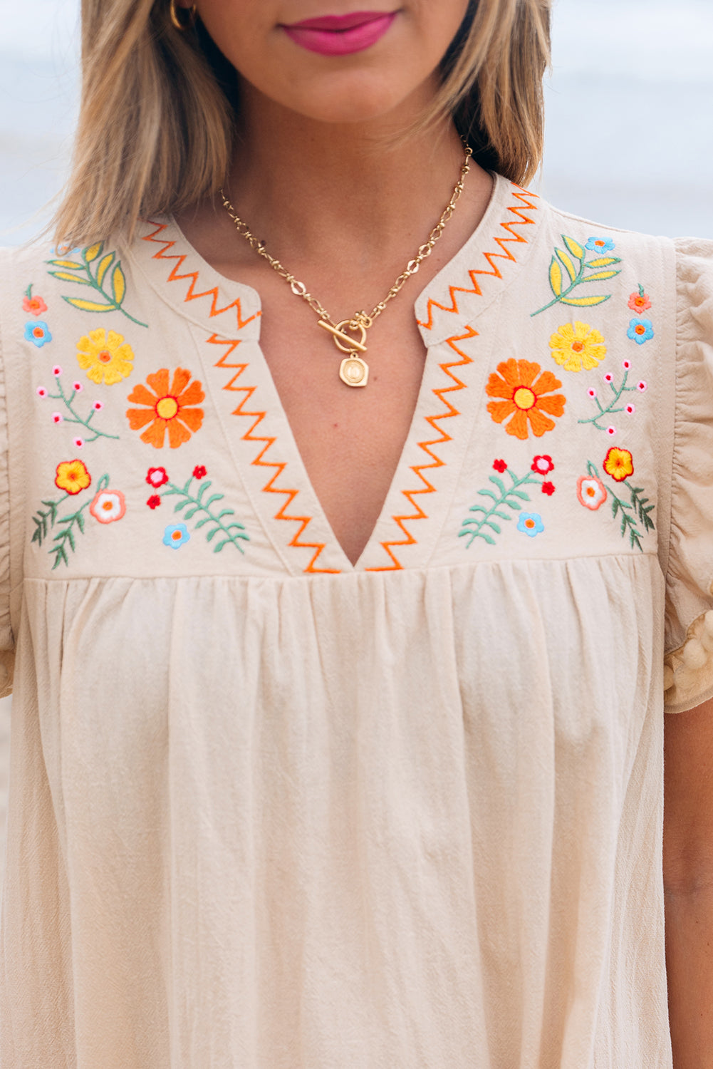 Jet Stream Linen Embroidery Pom Pom Short Dress