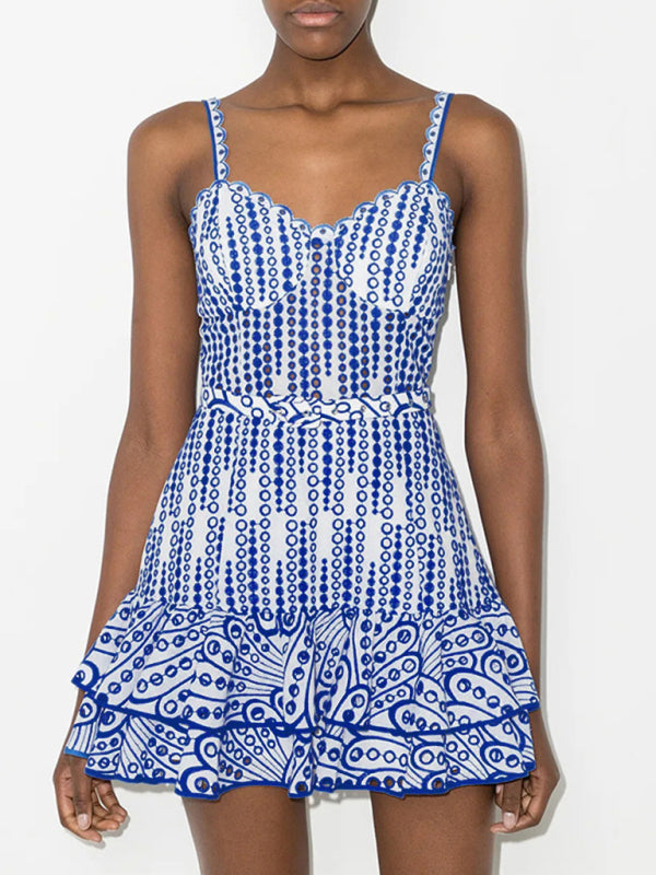 Embroidered Sling Ruffle Dress