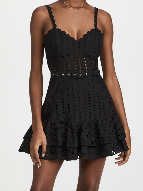 Embroidered Sling Ruffle Dress