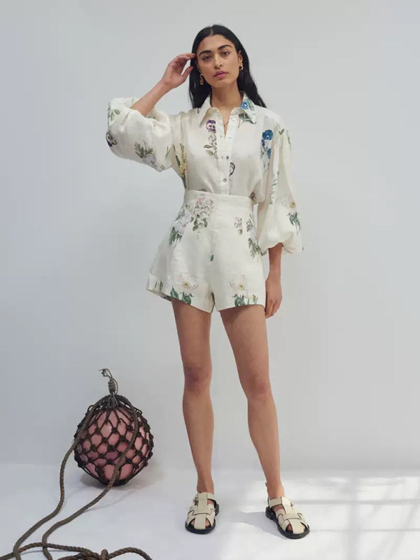 fresh floral long-sleeved shirt top high-waisted shorts set