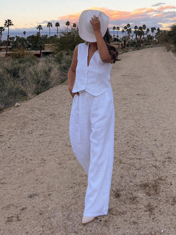 fashionable Linen vest and trousers two-piece set