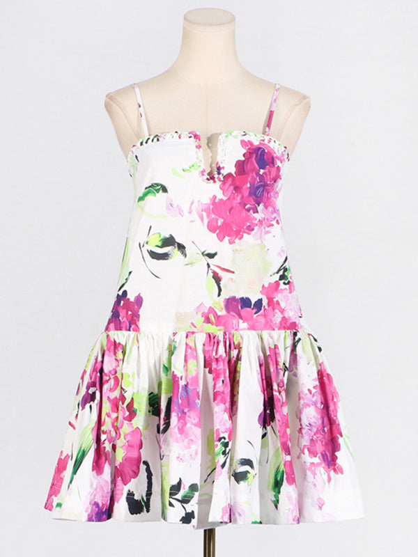 Hot girl style ruffled skirt printed short dress