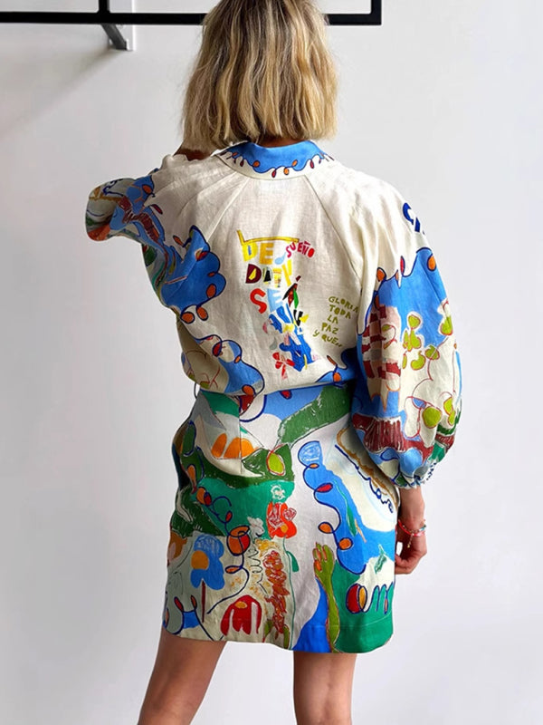 New Linen Casual Printed Shirt Cardigan Lace-Up Dress