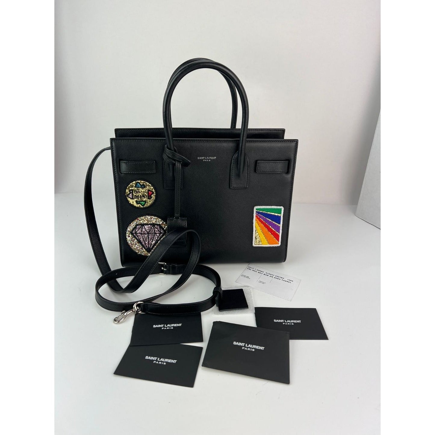 Saint Laurent Sac De Jour Embellished Patches Baby Black Leather Shoulder Bag