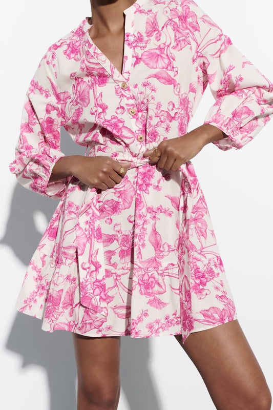 Floral Print Lace Up Nipped Waist Shorts Dress