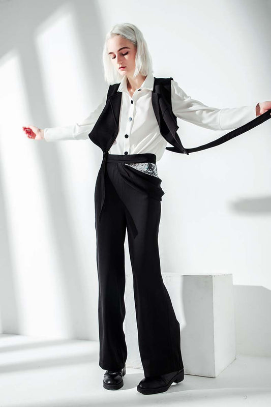 Plaid Black White Contrast Color Shirt Vest Two Piece Suit