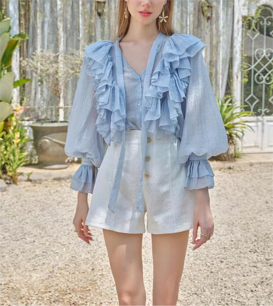French Sweet Ruffled Bow Tie  Shirt