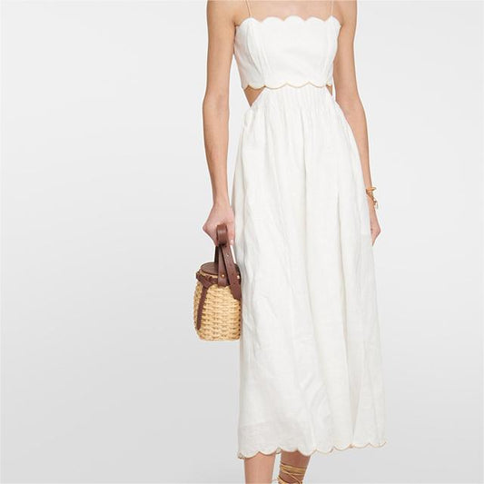 Cutout Linen Midi Dress In Ivory