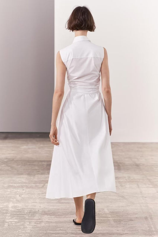 KNOTTED POPLIN SHIRT DRESS WHITE