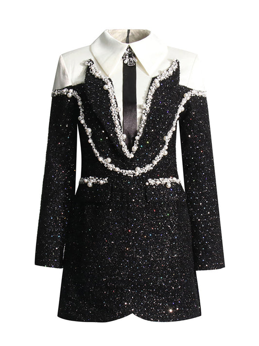 Chic Diamond Beaded Tweed Dress - Black