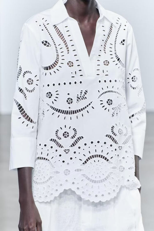 French Loose Hollow Out Cutout Embroidery Loose Shirt