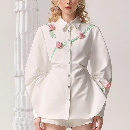 Spring  Three Dimensional Floral Trim Waist Trimming Shirt