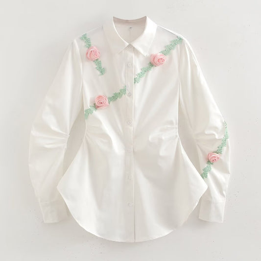 Spring  Three Dimensional Floral Trim Waist Trimming Shirt