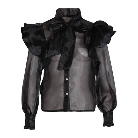 Autumn Bow Lace up Stand-up Collar Blouse