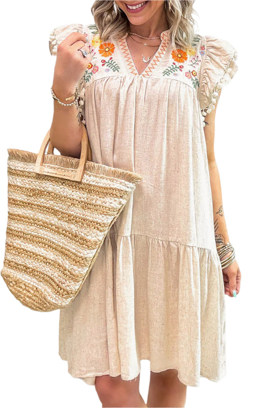 Jet Stream Linen Embroidery Pom Pom Short Dress