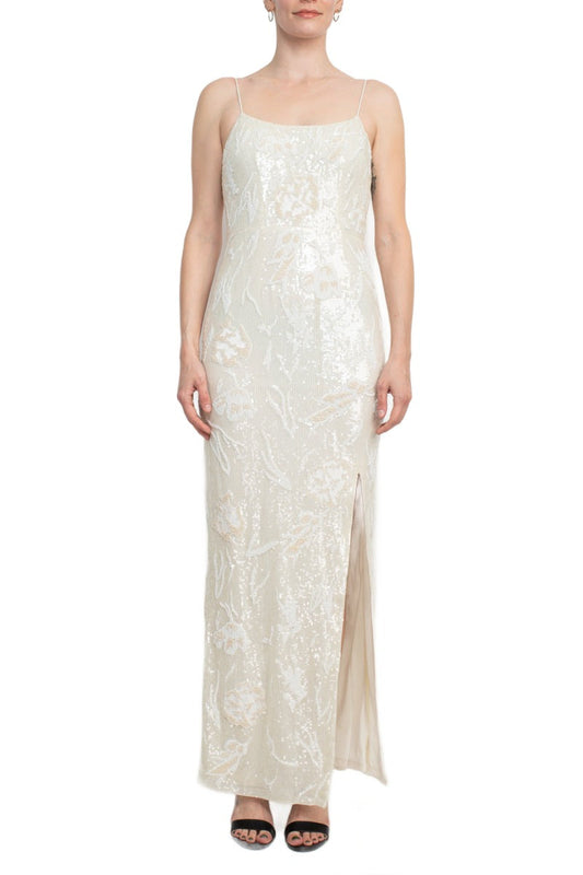 Emily Shalant Embellished Spaghetti Strap Open Back Slit Side