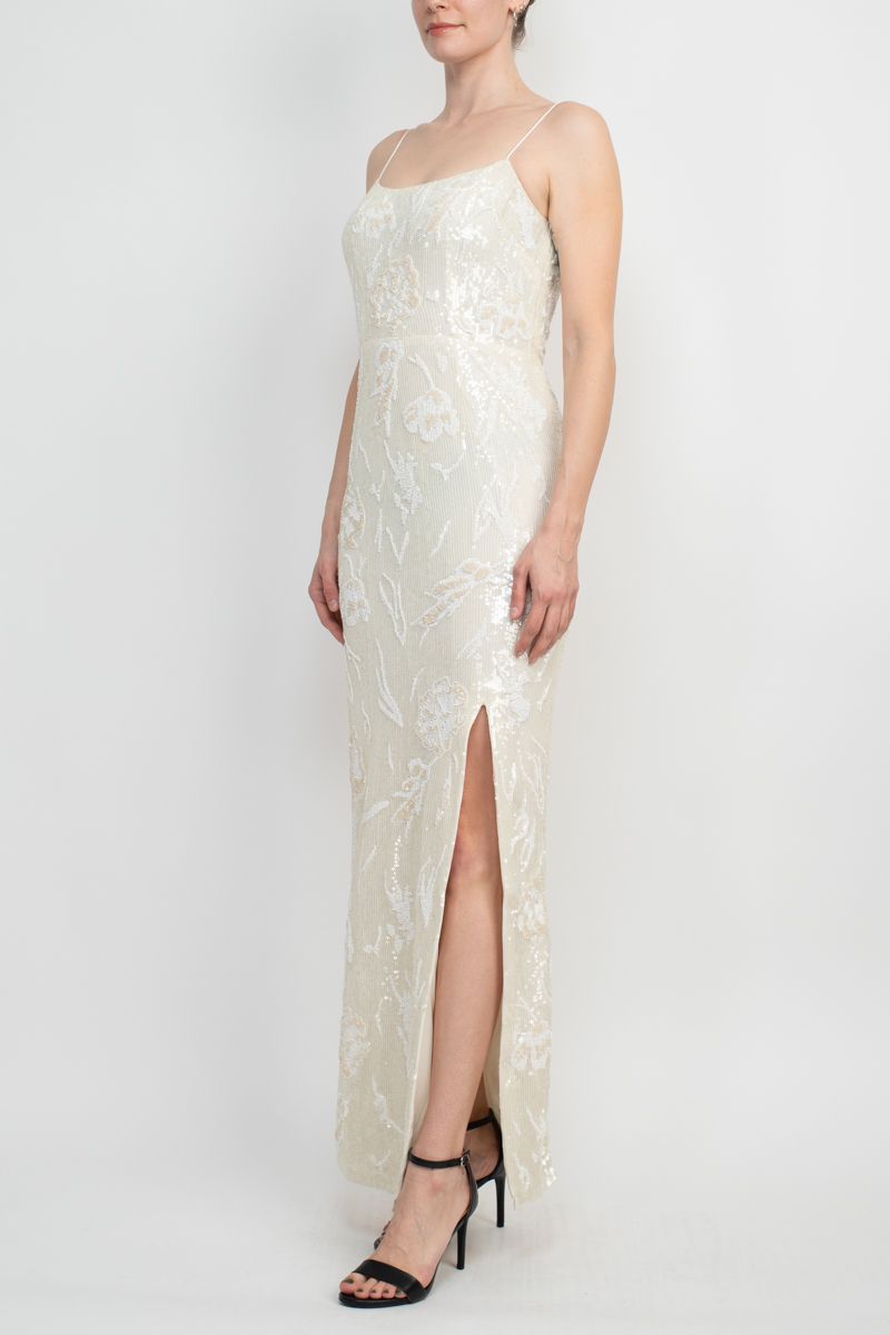 Emily Shalant Embellished Spaghetti Strap Open Back Slit Side