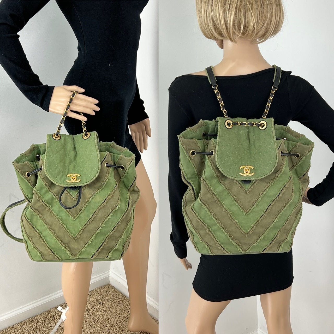 CHANEL Backpack Canvas Chevron Cuba Patchwork Khaki Green Backpack Preowned