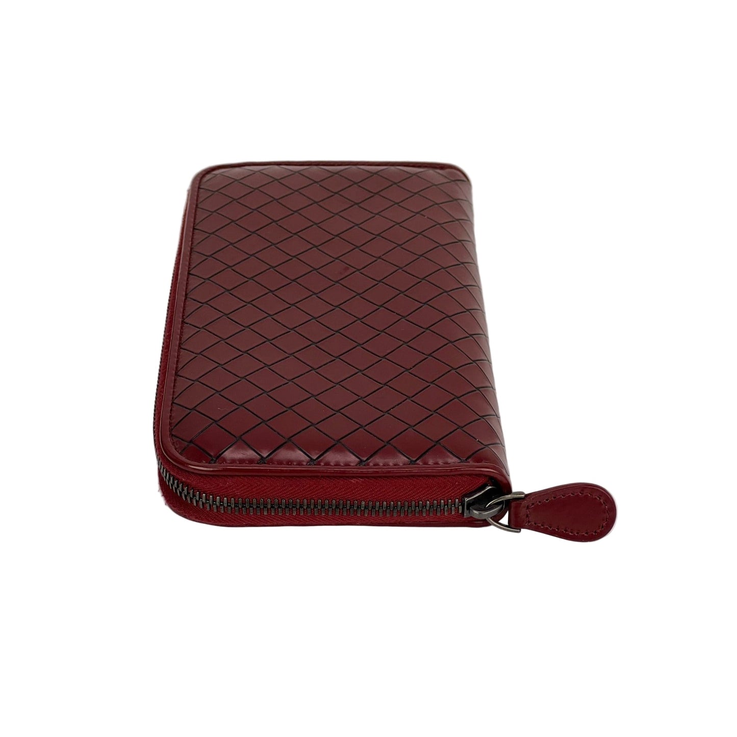 Bottega Veneta Burgundy Intrecciato Zip Around Leather Wallet Clutch